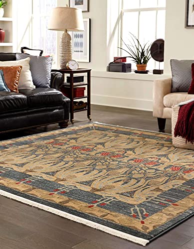 Image of Unique Loom Edinburgh Collection Area Rug - Canmore (7' 10 inch Square, Navy Blue / Tan)