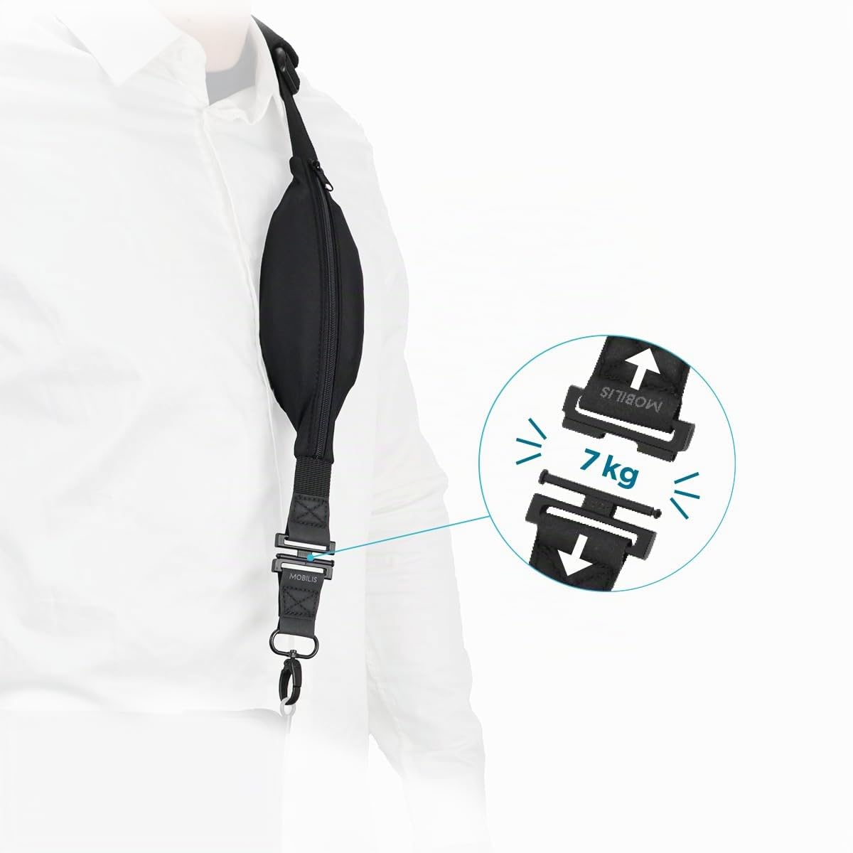 MOBILIS Bandoulière Universelle avec Système de Détachement de Sécurité & Poche de Rangement Extensible, 2 Points A'accroche, Sangle Haute Résistance