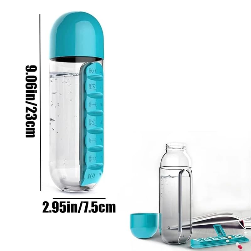 VIVITO 2-in-1 Pill Bottle and Water Bottle Organizer for Daily Medication Hydration - Pill Storage, Sports Water Bottle with Pill Box Organizer 7 Days Planner Box Pill Organizer 600ml (Blue) 4