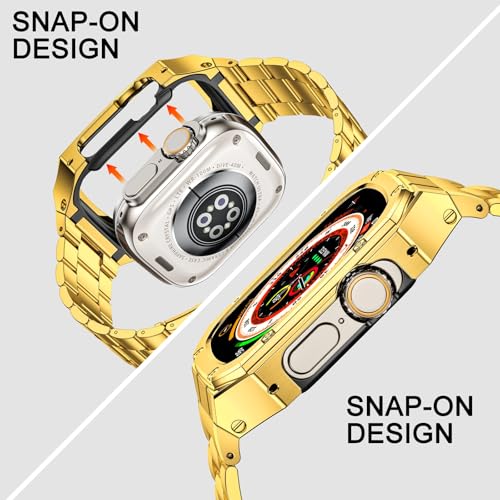 Image of BAITEYOU Stainless Steel Watch Band with Case Compatible with Apple Watch Ultra 3 2 1 band (49mm), Rugged Strap with Metal Protective Bumper Cover for iWatch Bands Men (Gold)