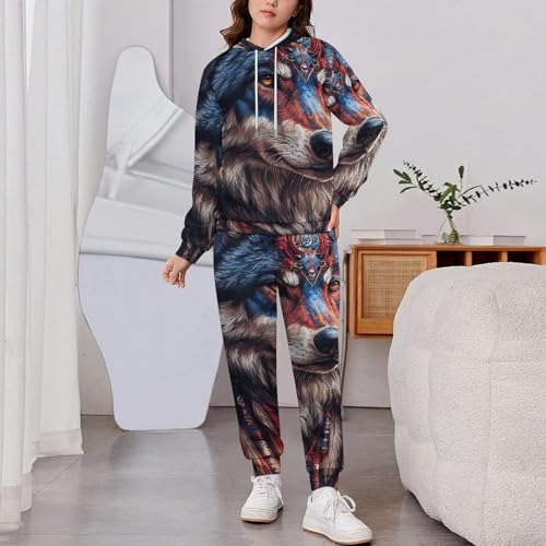 Boys Girls Pullover Hoodie Jogger Pants Kid Outfit Sweatshirt Sweatpants Set, Native American Wolf Spirit2
