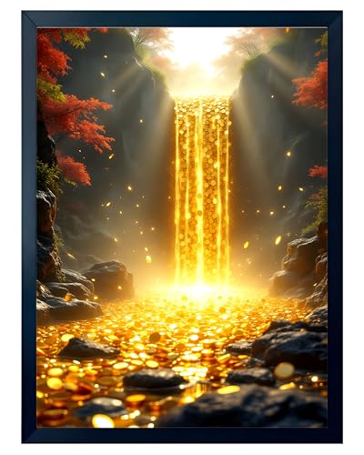 Image of ARTFUL TOY BOX - Golden Money Waterfall Photo Frame Wall Art for Home Decor | Wealth Flow, Abundance & Prosperity Vastu Wall Decor for Living Room & Office | HD Glossy Print | Premium Fiber Black Frame - 12x18 Inch (30x45 cm) (Design 5)