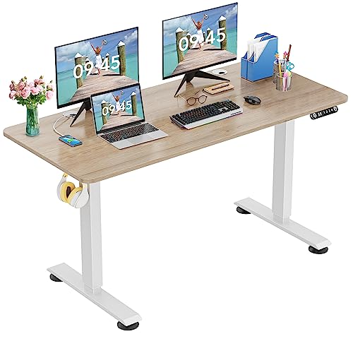 Electric Standing Desk Adjustable Height, 48 X 24 Inch Sit Stand Desk With Double Crossbeam Structure, Four Memory Heights, 27''-45'' Lifting Range Stand Up Desk（Oak Tabletop With White Frame） #TOP9