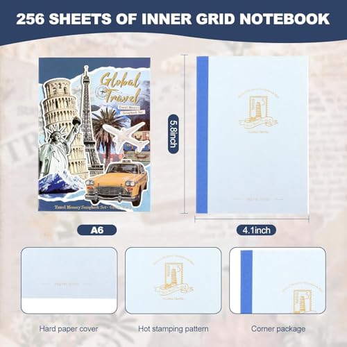 Image of VIBE VISTA Vintage Aesthetic Scrapbook Kit, 346 Pcs, A6 Grid Notebook, Washi, Envelopes, Scrapbook Papers, Folding Labels, Background Papers, Photo Frames, Calendar Stickers, Stickers (Global Travel)