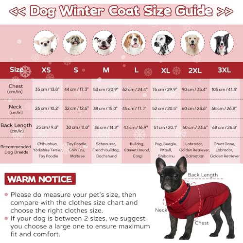 Image of BRKURLEG Dog Winter Coat with Harness Built in, Warm Jacket for Small Medium and Large Dogs, Windproof Turtleneck Fleece Dogs Snowsuit with Hook & Loop, Reflective Christmas Dog Jacket, Red L
