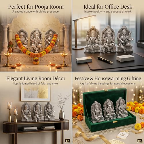 Image of Premium Silver-Plated Lakshmi Ganesh Saraswati Murti | Ganesh Laxmi Idol Statue for Home Temple| Pooja Room | Office Desk | Mandir Decor | Diwali | Housewarming | Wedding Gift | 3.7 Inch