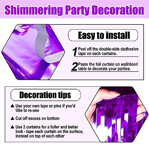 Image of 6 Pack Purple Foil Fringe Curtain Backdrop, 3.28Ft x 8.2Ft Metallic Tinsel Foil Fringe Streamer Curtains for Photo Booth, Christmas Day, Thanksgiving, Wedding, New Year Party Decorations