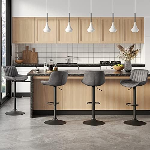 Volans Bar Stools Set of 4, Mid Century Modern Faux Leather Swivel Adjustable Height Bar Stool, Counter Height Pub Bar Chair with Back, Black Powder Coated Base, Gray