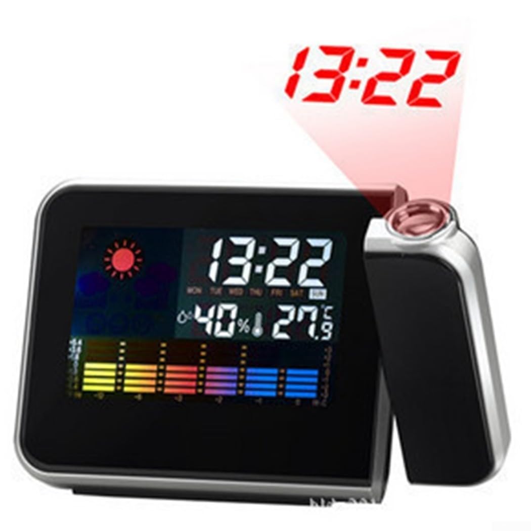 Sveglia a Proiezione con Display LED, Termometro Meteo, Schermo LCD, Funzione Snooze, Porta USB (Nero)