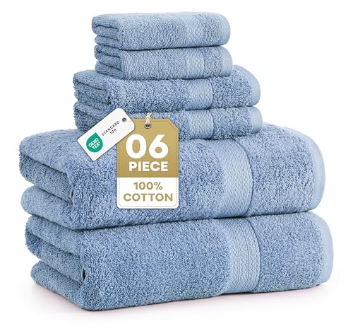 LANE LINEN 100% Cotton Bath Towels 6 Piece Set - Super Soft Quick Dry & Absorbent - 2 Bath 2 Washcloths 2 Hand Towels for Bathroom - Hotel Quality Minimal Lint after 3 Washes - Cerulean Blue