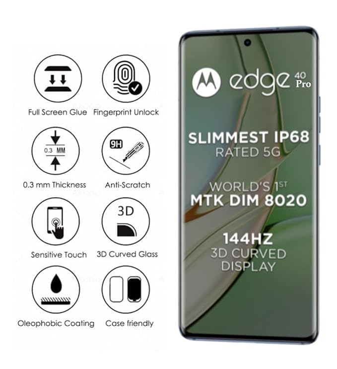Image of UV Tempered Glass Curved Design for Motorola Edge 40 PRO (5G) Advanced Border Less Full Edge to Edge Screen Protector and Easy Installation Kit