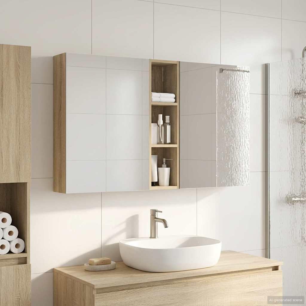 3-częściowy zestaw szafek łazienkowych z materiału drewnopochodnego 120 x 14,5 x 70 cm z oświetleniem LED, dwukierunkowe lustro, montaż na ścianie, schowek i regał, na meble łazienkowe i