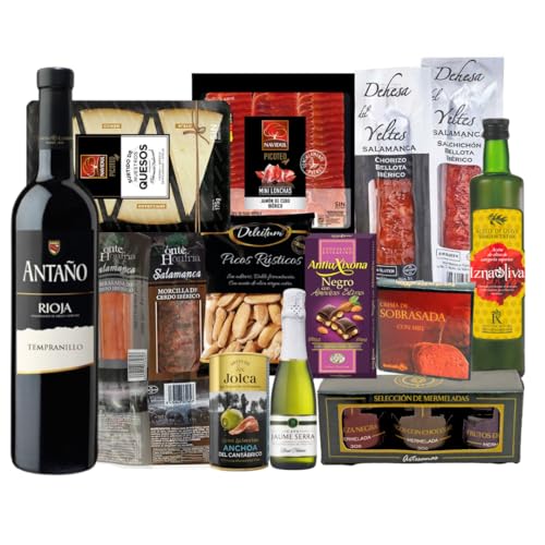 FAMILYCOM Regalo dia de la madre - Cesta día de la madre con Ibéricos de regalo - Surtido de Bombones, chocolate, Vino, Embutidos, Aceite De Oliva Virgen - Regalos originales para el dia de la madre