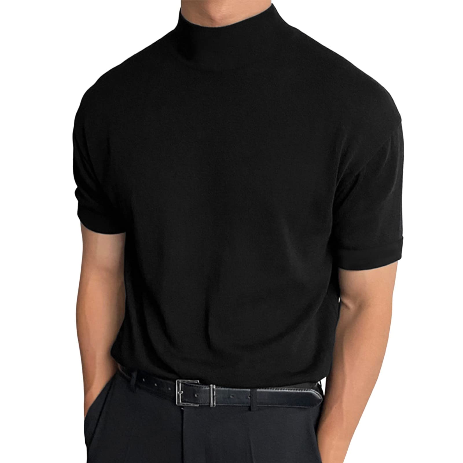 Gefomuofe Camiseta de verano para hombre, manga corta, cuello alto, informal, monocolor, deportiva, de verano, manga corta, ropa deportiva, monocolor, cuello alto, ropa deportiva, camiseta deportiva