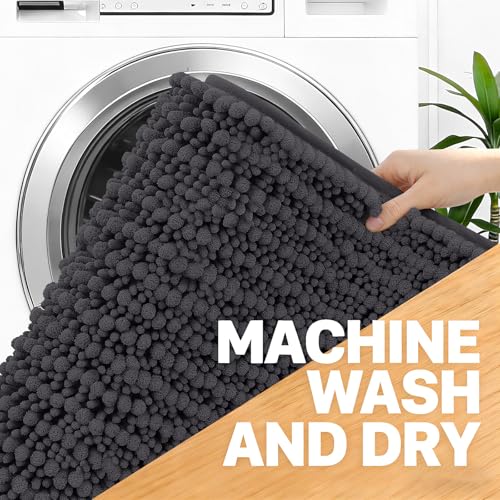 Image of OLANLY Long Bathroom Rugs Runner 47x24, Thick Soft and Absorbent Chenille Bath Mat, Non-Slip, Machine Washable Quick Dry Bath Rugs for Tub Shower Floor, Home Decor Accessories, Dark Grey