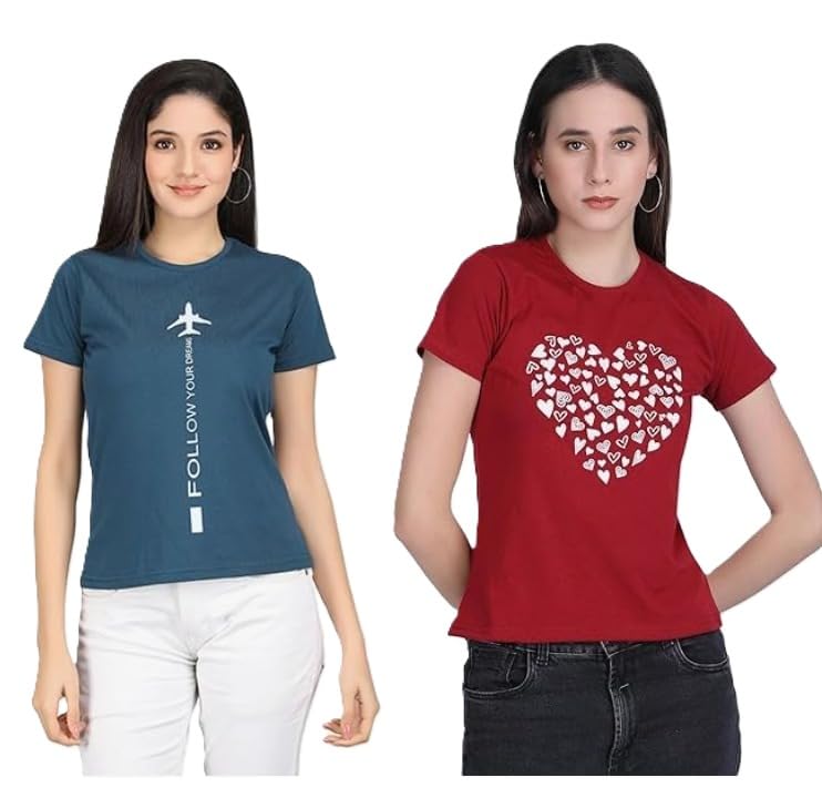 Image of Women's Slim Fit Graphic Printed T-Shirt | Soft 100% Cotton Fabric | Round Neck Half Sleeve Casual Top, Travel & College Pack of 2 Set