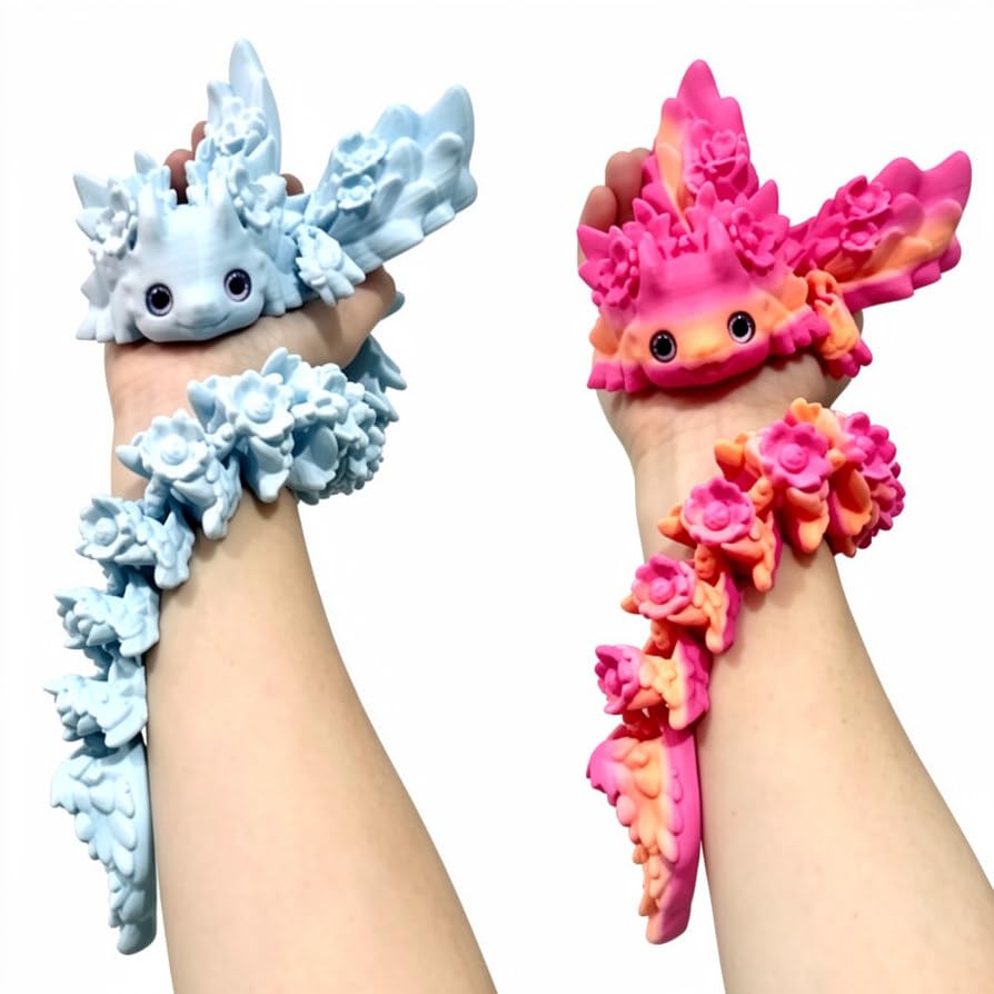 Axolotl Toy, 3D Printed Axolotl & Axolotl Plush Alternative, 2 Pcs with Wings 21cm Articulated Salamander Dragon, Movable Joints PLA Figure, Gradient Color Desktop Decor Fidget Toy for Adults