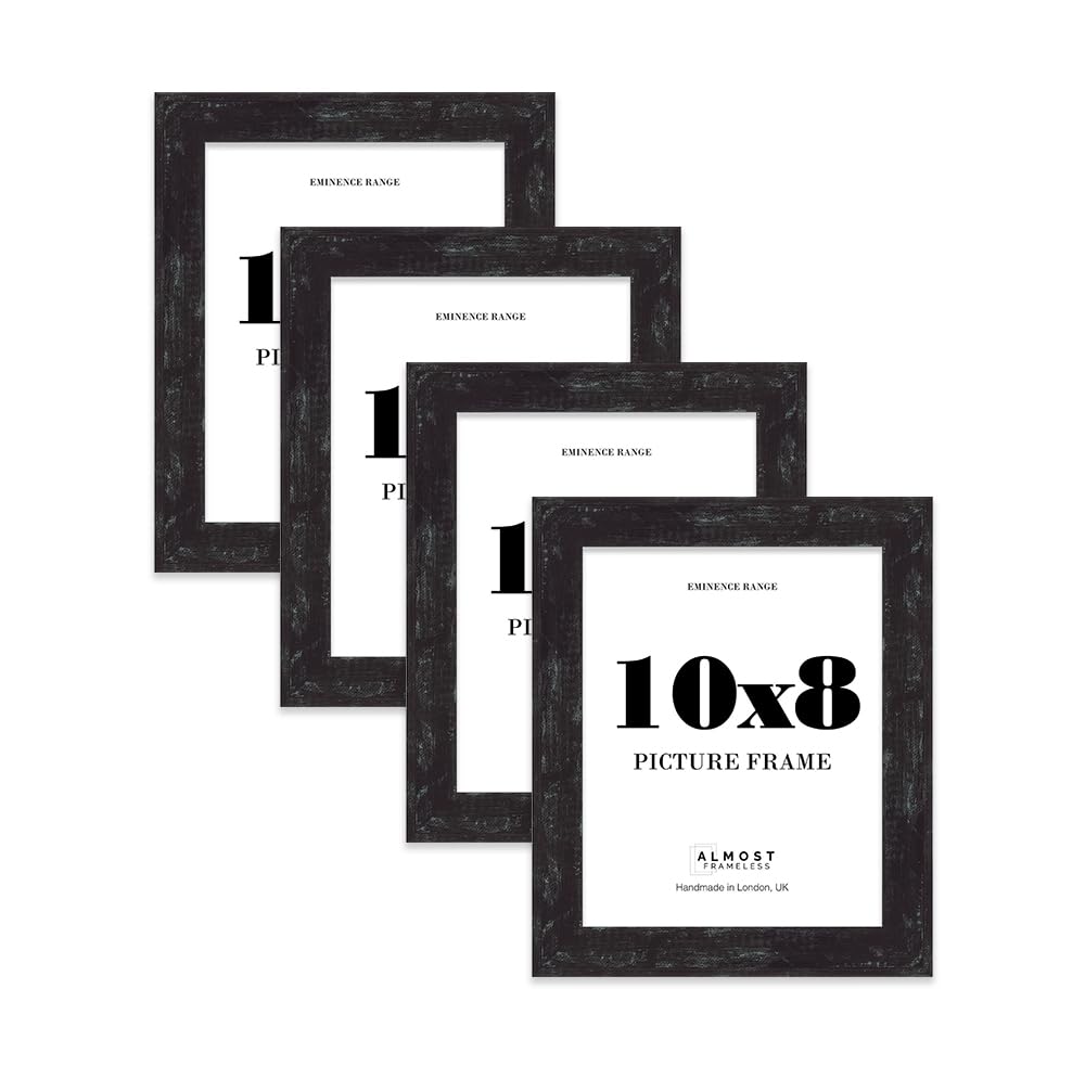 10x8 Distressed Black Picture Frame - Rustic Wood Industrial Effect Photo Frame for Wall Display, Ideal for Posters, Prints & Home Décor, Wall Hooks and Kickstand, 32mm Edge - 4 Pack
