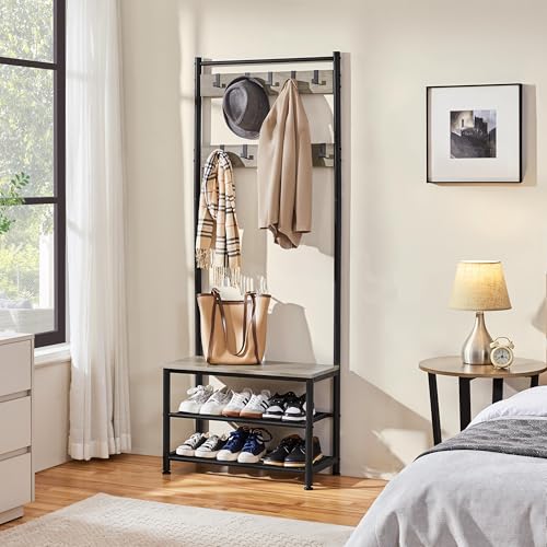 Yaheetech Coat Rack, Hall Tree with Shoe Bench, Entryway Shoe Storage with Coat Rack Stand, 9 Movable Hooks, Industrial Entryway Furniture, Gray