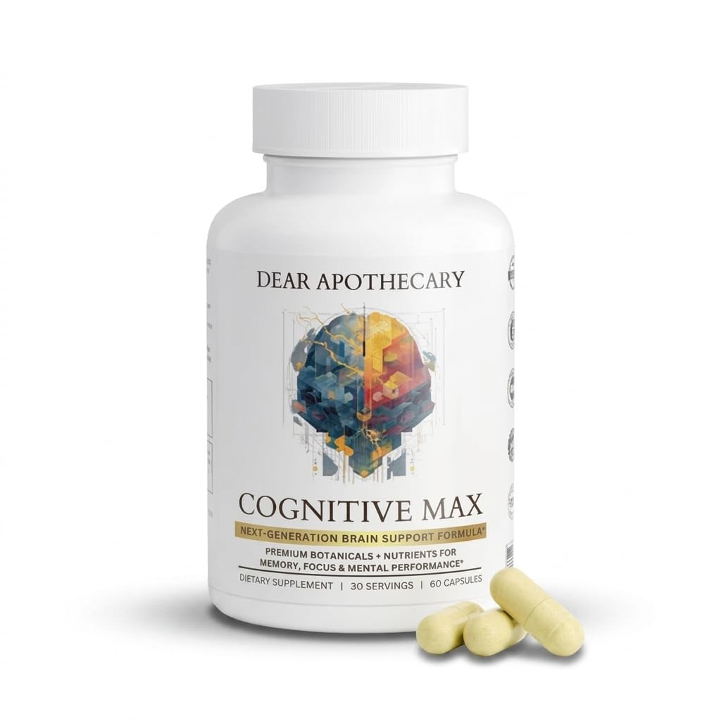 Cognitive Max Dear Apothecary Nootropic Brain Supplement - Focus Memory Clarity Energy Concentration, DMAE Bacopa Phosphatidylserine Huperzine A, Non-GMO Gluten Free, 60 Count