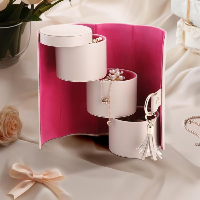 Image of Homero 3-Layer Foldable Jewellery Organizer Box for Women | Portable Travel Jewellery Case with Rotating Storage | PU Leather Jewellery Storage Box for Rings, Earrings & Necklaces