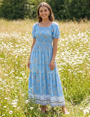 Image of ZESICA Women's 2026 Summer Boho Floral Print Dress Square Neck Ruffle Swing Beach Vacation Long Maxi Dresses