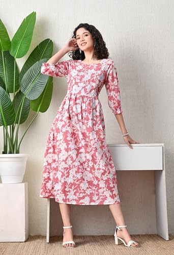 Image of Ichaa Women's Navy Blue Cotton Printed Maternity Dress with Feeding Zips and Pocket, in Plus Sizes