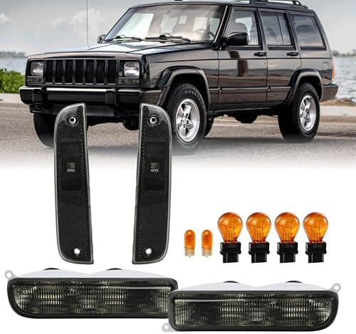 USR 97-01 XJ Signal Lights - COMBO Smoke Bumper Turn Signal + Corner Side Marker Lamps Set + x4 Bulbs Included (Left + Right) Compatible with 1997-2001 Cherokee XJ Chassis (Smoke 4 Pieces)