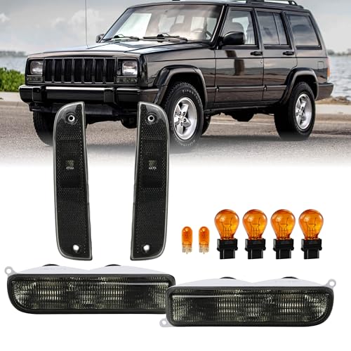 DEPO 4 Pieces COMBO Smoke Bumper Turn Signal Lights + Corner Side Marker Lamp Set (Left + Right) Compatible with 1997-2001 Cherokee XJ Chassis