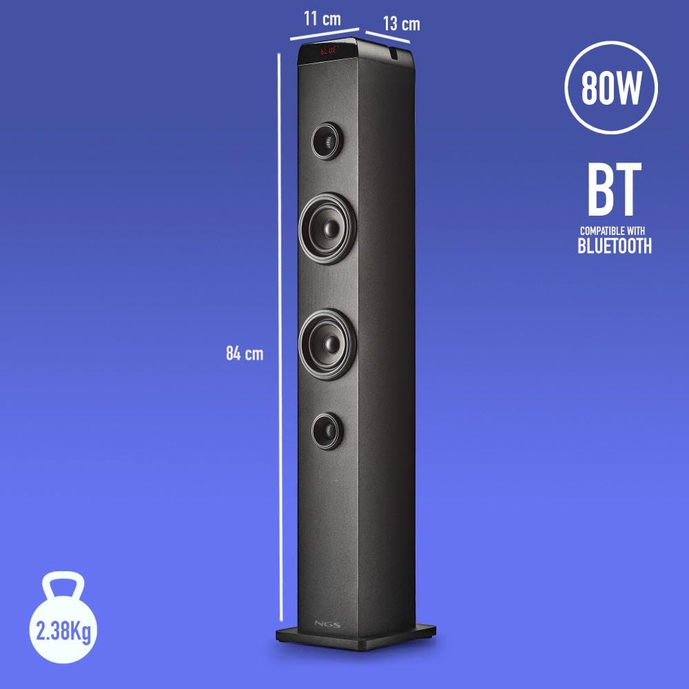 NGS Sky Charm Pro - Tour de Son 50 W avec Bluetooth 5.4, entrée Optique, USB, Entrée Auxiliaire, Radio FM, Fonction de Diffusion, Entrée Microphone Karaoké, Télécommande, Noir
