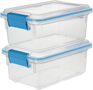 7.5 Qt Gasket Box, Stackable Storage Bin with Latching Lid and Tight Seal, Plastic Container to Organize Basement, Clear Base, Lid, Pack of 2