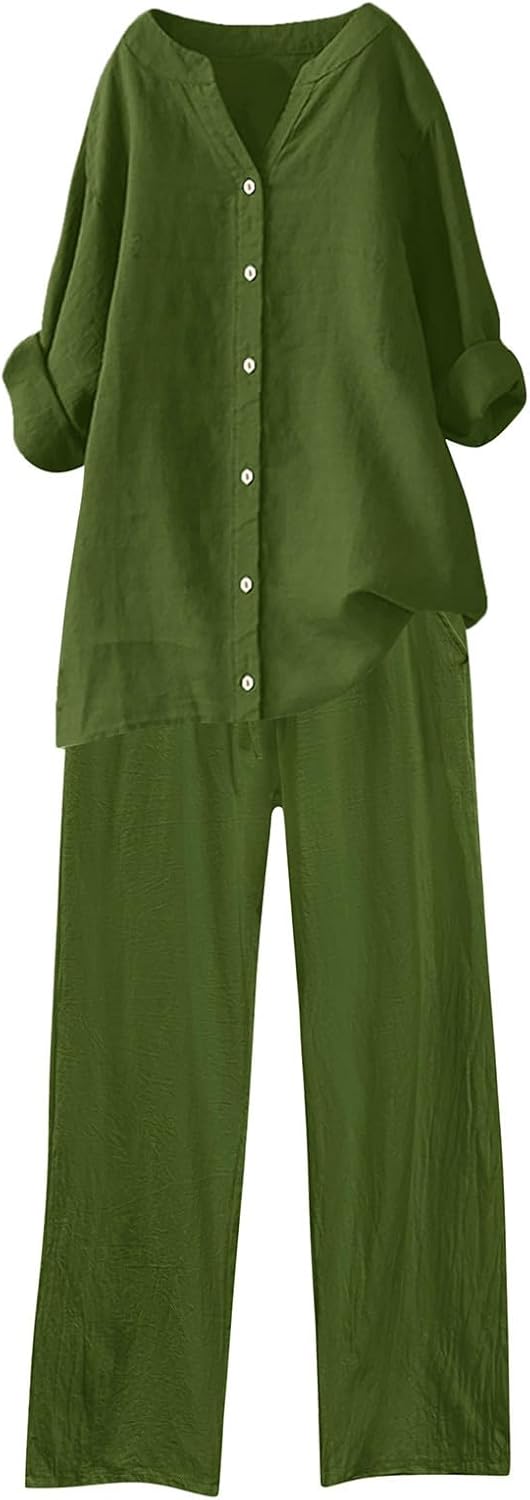 2 Piece Sets for Women V-Neck Button Down Long Sleeve Blouse and Wide Leg Pants Plus Size Lightweight Casual Outfit