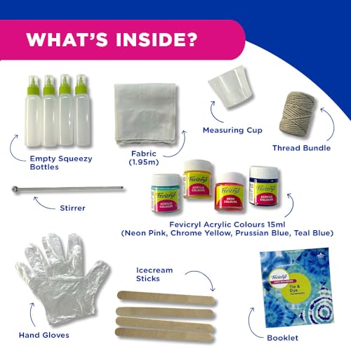 Image of Fevicryl Tie & Dye Multicolor Kit | Complete DIY Fabric Colour Kit with 4 Acrylic Colour, 1 x 2 feet Fabric, 4 Squeezy Bottles | Ideal for Gifting, Beginners & Art Enthusiasts