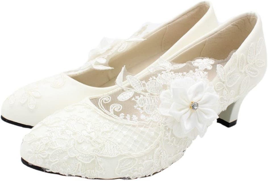 Closed Toe Sandals with Floral Lace Bridal Wedding Party Shoes Women Low Heel Closed Toe Pumps Pointy Wedding Bridal Shoes with Stitching Lace Chunky Heel Lace Satin Pumps (5cm) White