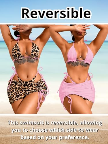 Image of ShawGobow Womens 3 Piece Leopard Bikini Set,Triangle String High Cut Thong Sexy Swimsuit & Coverup Skirt,Pool Party Outfit