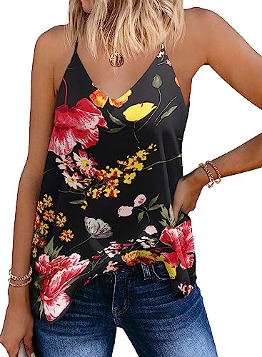 Sunaelia Womens Tank Tops V Neck Chiffon Spaghetti Strap Sleeveless Basic Solid Camisole Flowy Blouse(Floral Black-1, Xx-Large) #TOP11