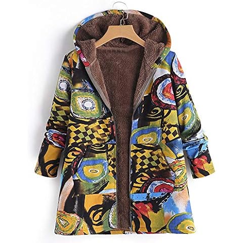 Women Winter Coat Plus Size Mingfa Vintage Floral Pocket Warm Cotton Linen Fluffy Fur Zipper Hooded Parka Jacket Outwear Cover