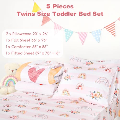 Image of Toddler Bedding Sets Twin Size for Girls, Rainbow Toddler Crib Bedding Set 5 Piece Floral Toddler Comforter Set Includes Flat Top Sheet, Fitted Sheet, Comforter, Envelope Pillowcase, Soft & Comfort