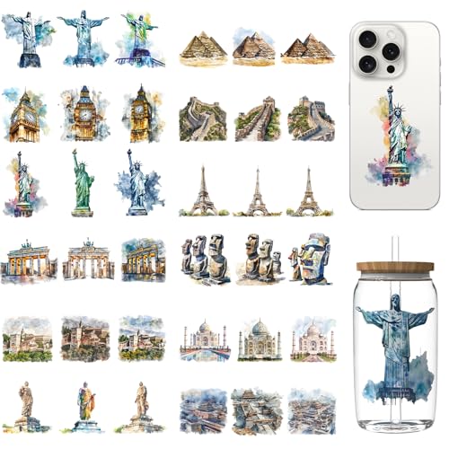 Dorsbaby 36 Multicolor Landmark Watercolor UV DTF Cup Wraps for 16OZ, Transparent Film Decals, Suitable for Glass, Plastic, Metal, Wood, Vehicle, Laptop