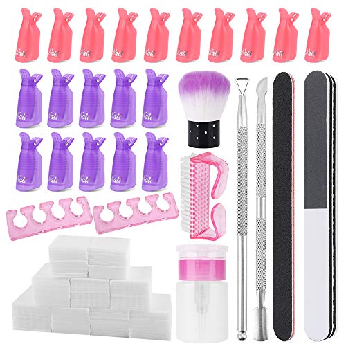 Gel Nail Polish Remover Tools Kit - LIONVISON 20pcs Nail Polish Remover Clips, 600pcs Nail Wipe Cotton Pads, 2 Nail Brush, 2 Finger Separator, Cuticle Pusher and Peeler Nail File Nail Buffer Dispenser