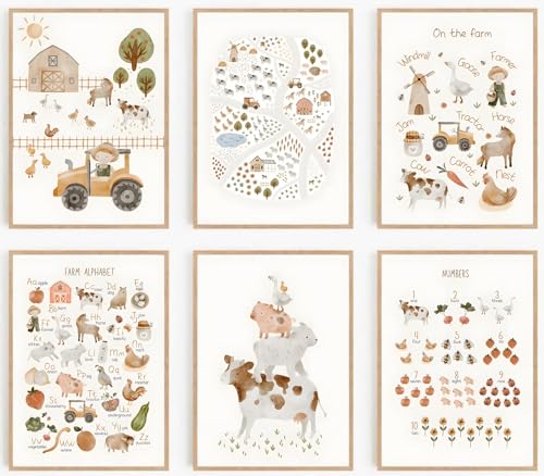 Image of Laylwhq 6 Pcs Farm Nursery Wall Art Kids Room Canvas Wall Decor Simple Alphabet Cute Animals Pictures Prints Posters for Farmhouse Kids Room Girls Boys Home Decoration (8x10 inch，Set of 6，Unframed)