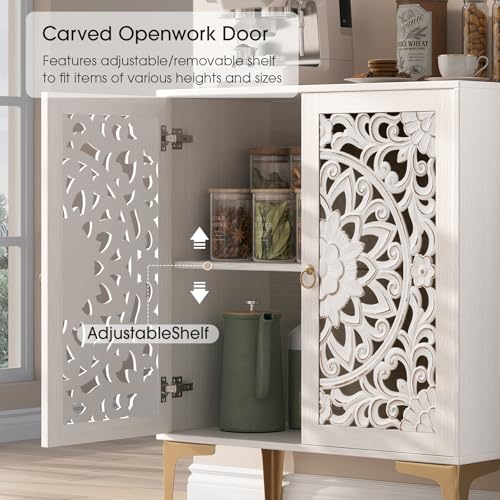Image of Accent Cabinet with Doors, Decorative Sideboard Buffet Cabinet with Adjustable Shelf, Carved Buffet Table with Gold Legs for Living Room, Entryway, Kitchen, Hallway, White