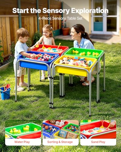 Image of VEVOR Sensory Table for Toddlers, Kids 4-Station Sand and Water Adjustable Play Table with Detachable Storage Bins and Non-Slip Feet, Carbon Steel Frame, Rounded Corners, for Boys and Girls Exploring