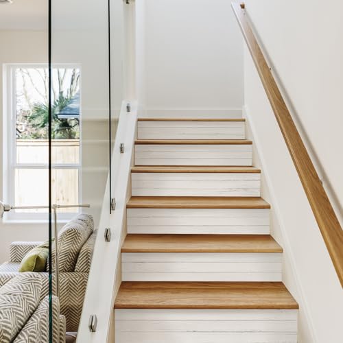 funlife 13PC Self-Adhesive Vinyl Stair Riser Stickers w/Squeegee and Utility Knife, Peel and Stick Staircase Decal Contact Paper for Home Decor, 47.24'x7.09' Farmhouse Style White Wood Pattern