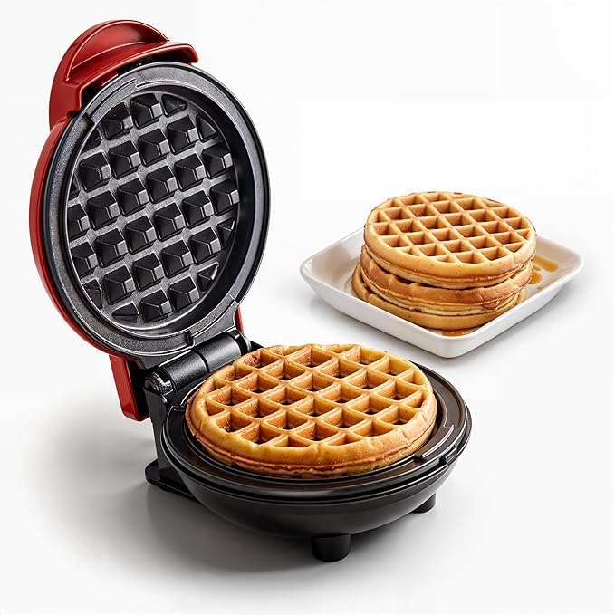 Mini Waffle Maker, Non-Stick Round Electric Waffle Iron, Red and Black
