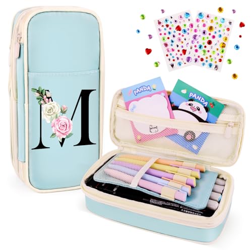 Image of Preppy Pencil Case for Girls, Cute Large Pencil Pouch, Personalized Initial Pencil Bag with Zipper for School College Office Supplies, Back to School Supplies Gifts for Teen Girls (M, Blue)