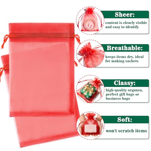 Image of Sukh Red Organza Bags 5''x7'' - 100pcs Sheer Mesh Drawstring Bags for Jewelry, Soap, Fruits, Candy, Small Gift Bags for Weddings, Valentine's Day, Mother's Day, Halloween, Thanksgiving, Christmas
