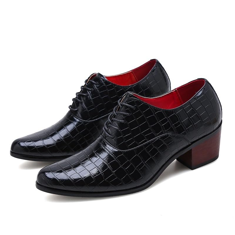 Battle Men Men’s Pointed Toe Lace-Up PU High Heel Oxford Dress Shoes – Plaid Embossed Formal Footwear for Wedding & Events2