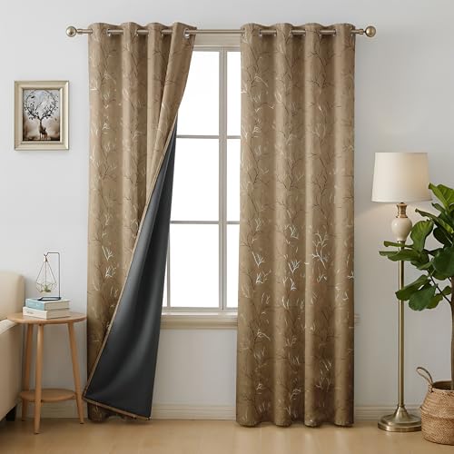 FABREEVA True Blackout Door Curtains 7 Feet-Room Darkening Drapes Black Backing,Thermal Insulated,Steel Groomet Living Room,Bedroom,5 Piece (45W×84L Inch,Foil Floral,Chiku) Deal