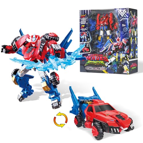 QUANTUM HEROES DINOSTER Transformable Robot 2 in 1 Raptor Bolt Wing, 8.66 inch, Transforming Robot Toy for Kids, Chariot Transforming Toy for Boys Girls 5 6 7 8 9 10 Years, Red Blue